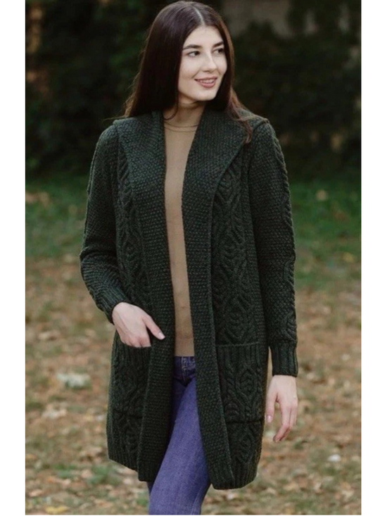 SAOL Sweaters - SAOL Womens 100% Merino Wool Irish Cardigan Aran Long Cable Knit Green XXL
